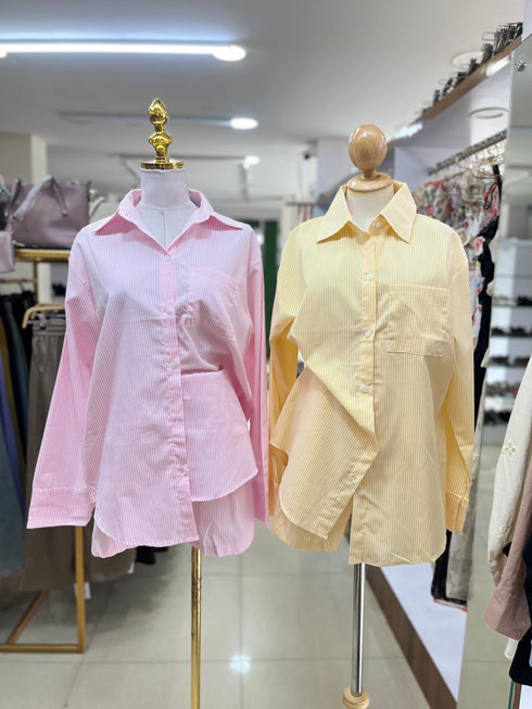 Casual Collar Down Stripes Shirts With Short Sets